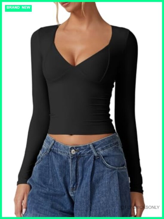 Tops - QINSEN Women's Long Sleeve V Neck Double Lined Crop Top Seamed Cup